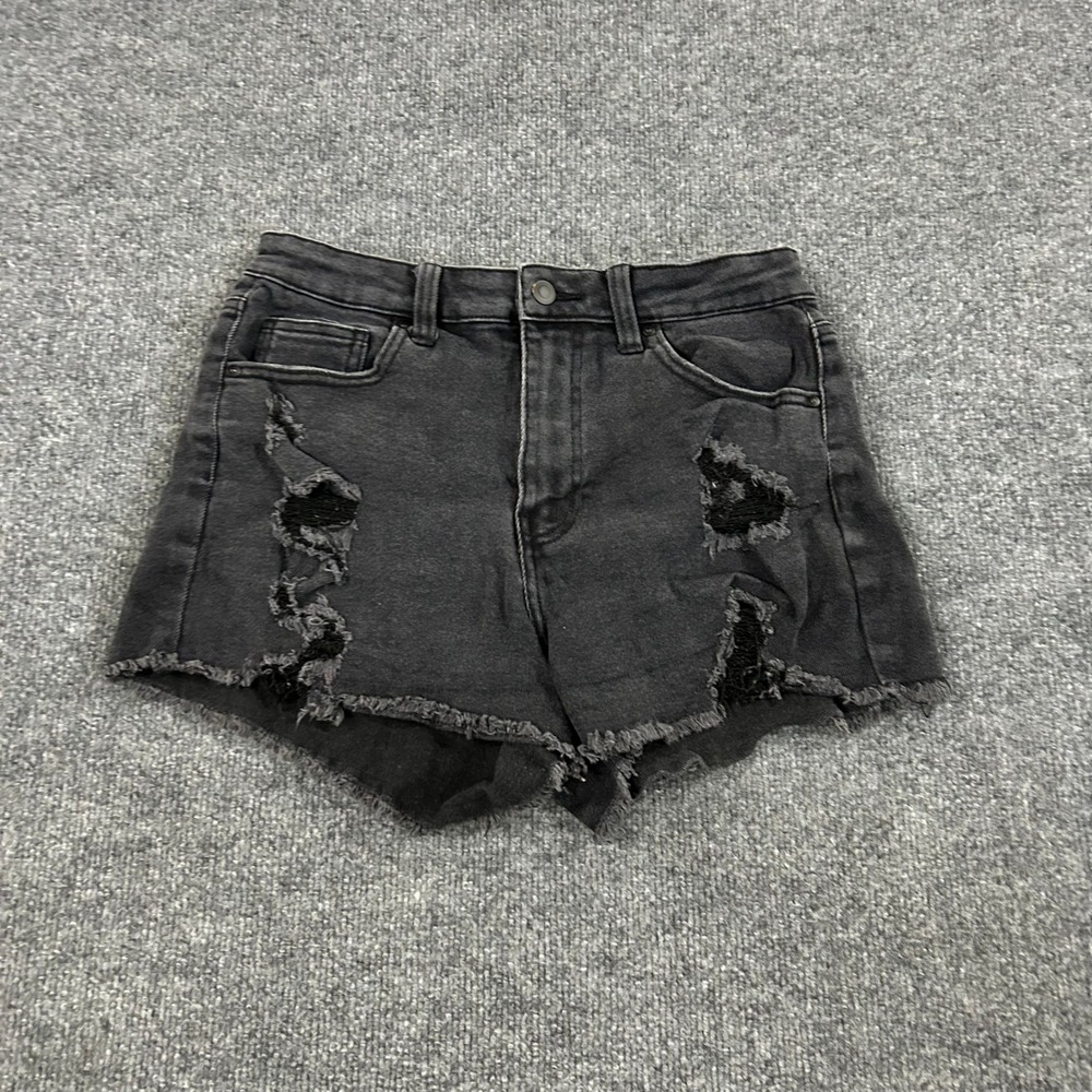No Boundaries Denim Shorts Womens Size 9 Black Distressed Frayed Hem High Rise